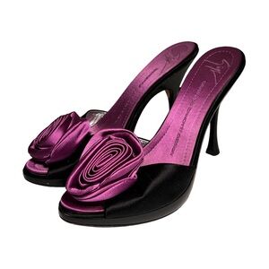 Giuseppe Zanotti Purple Black Patent Leather Satin Leather Heels Satin Rose